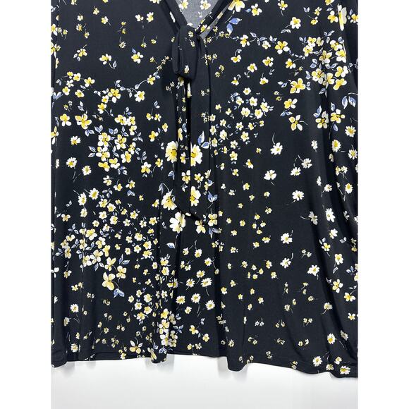 Karl Lagerfeld Paris Floral 3/4 Sleeve Blouse Cut Out Tie Neck Black Yellow 2X - Picture 3 of 10